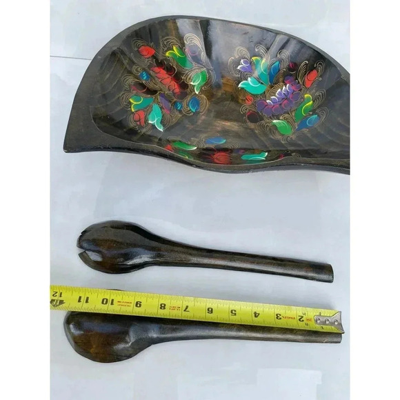 Folk Art Hand Carved Wooden Bowl Serving Utensils Hand Painted Serving Dish - Picture 5 of 11